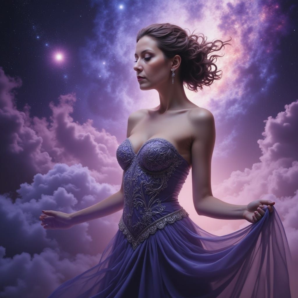 Bathed in ethereal twilight, a goddess emerges from a swirli...