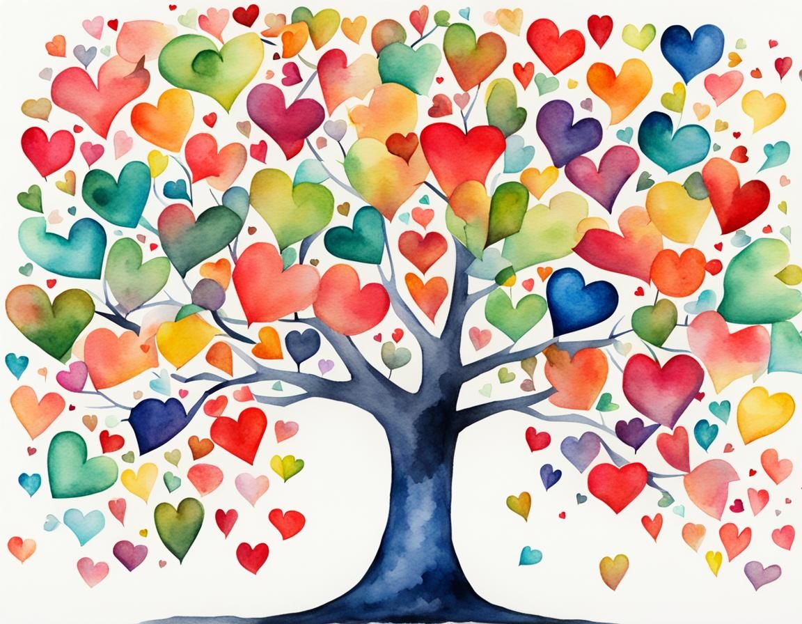 Whimsical Watercolor Tree with Heart-Shaped Leaves