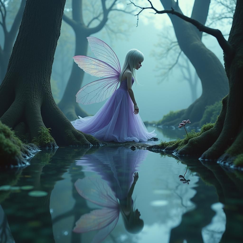 Ethereal Fairy Gazing into a Mirrored Pool