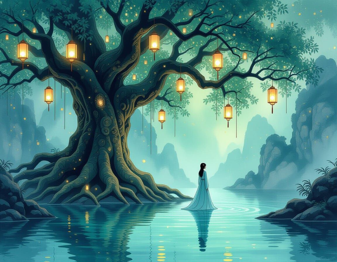 Underwater Tree Grotto with Glowing Lanterns as Chinese Ink ...