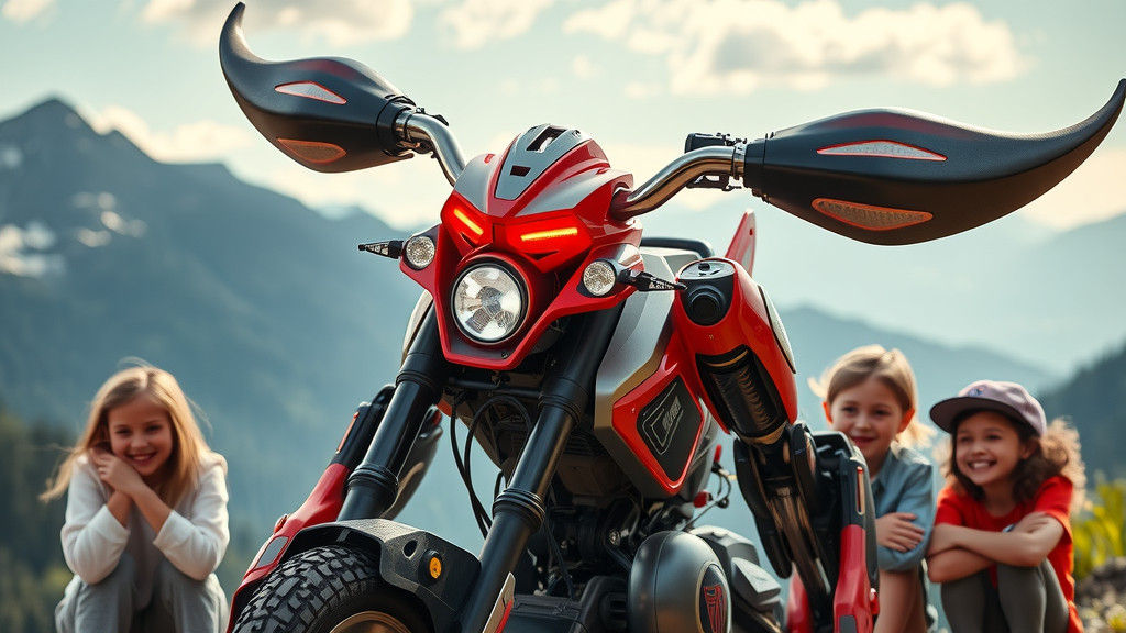 Friendly Transformer Robot E-Bike in Mountain Landscape