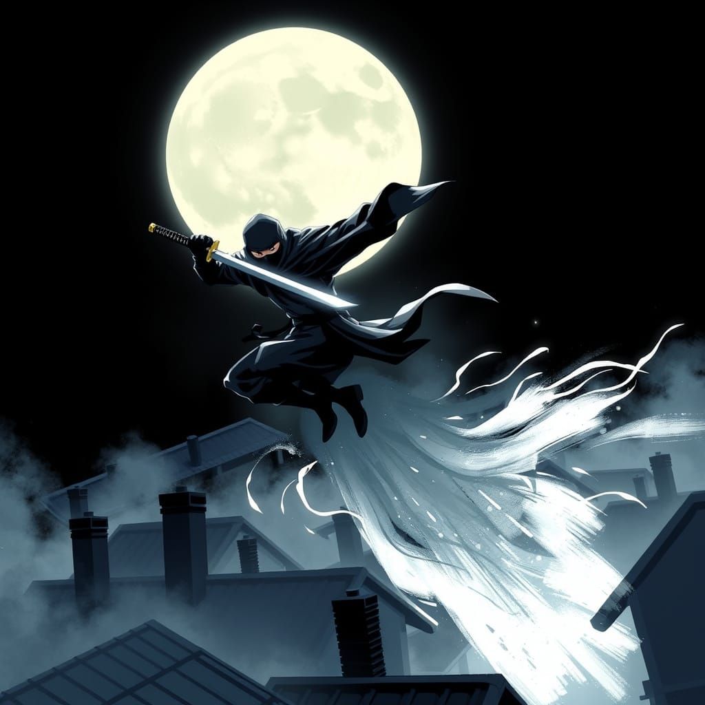 Ninja Leaping Across Rooftops Under Full Moon in Dark Fantas...