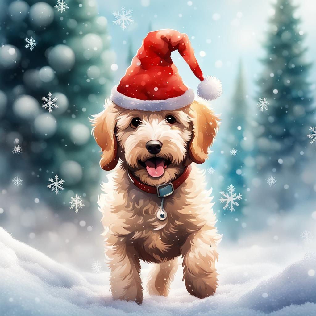 Festive Labradoodle Puppy in Winter Wonderland: Watercolor A...