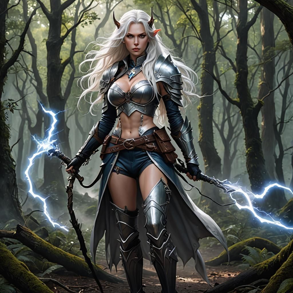 Female Human/Tiefling with Azure Eyes and White long-hair in Cold-Iron armor, Carrying a Lightning Whip.