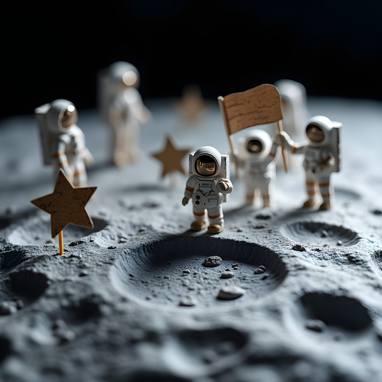 Handcrafted Lunar Surface Macro Photo with Tiny Astronauts