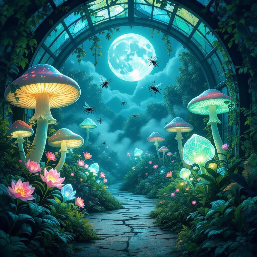 Moonlit Greenhouse With Bioluminescent Life