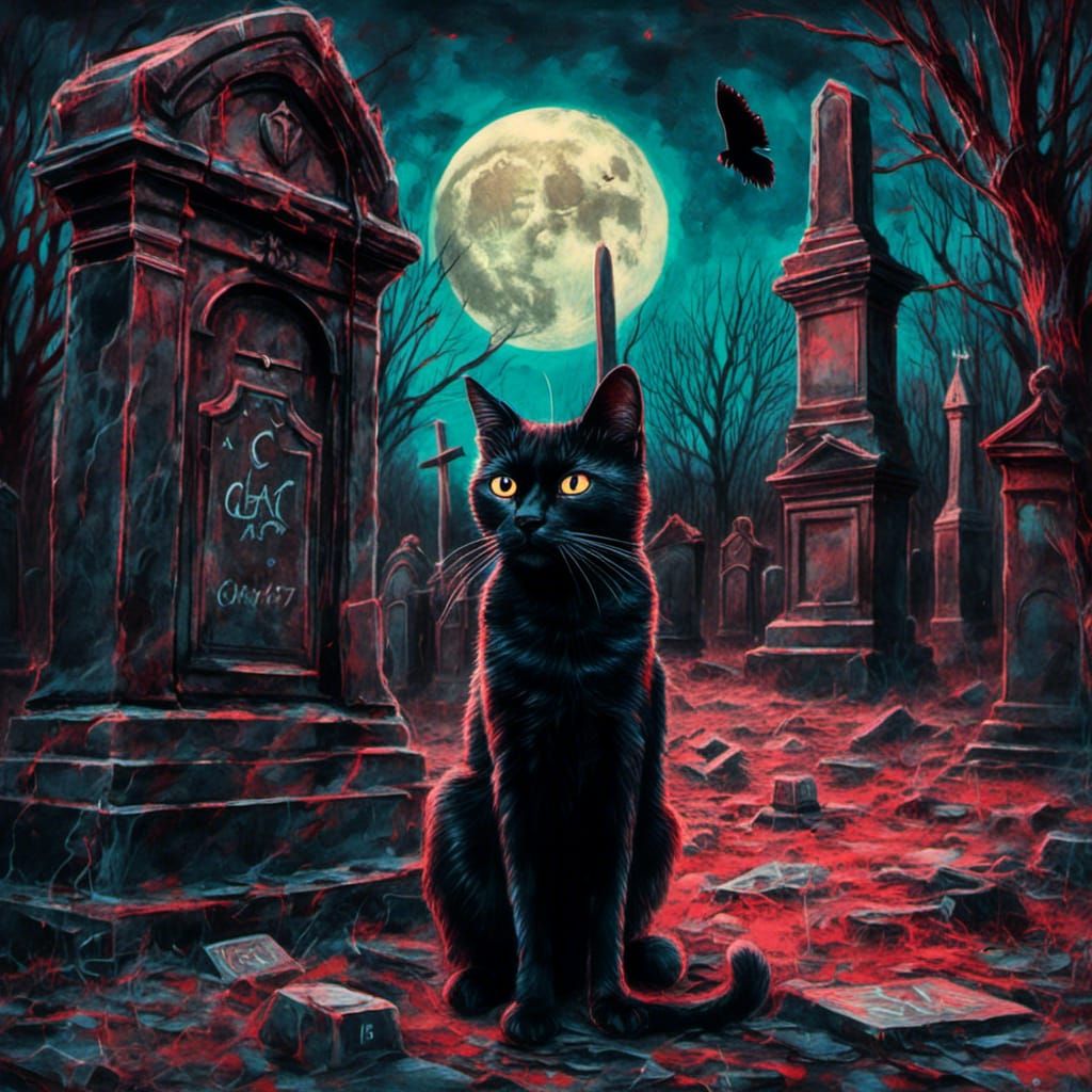 Black Cat at Tombstone in Macabre Graffiti Art