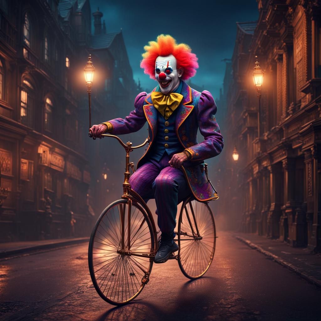 Evil Clown Rides Penny Farthing in Neon