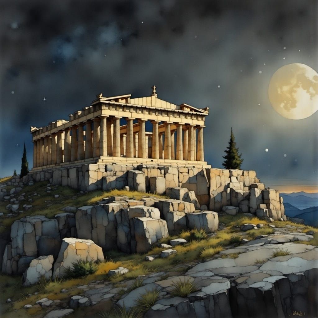 Moonlit Parthenon in Athens: Watercolor Painting