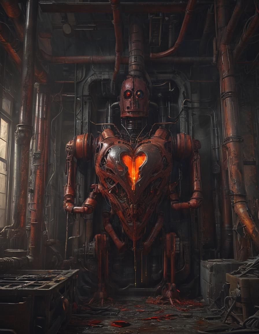Fiery Boiler Room Robot in Dark Fantasy Style