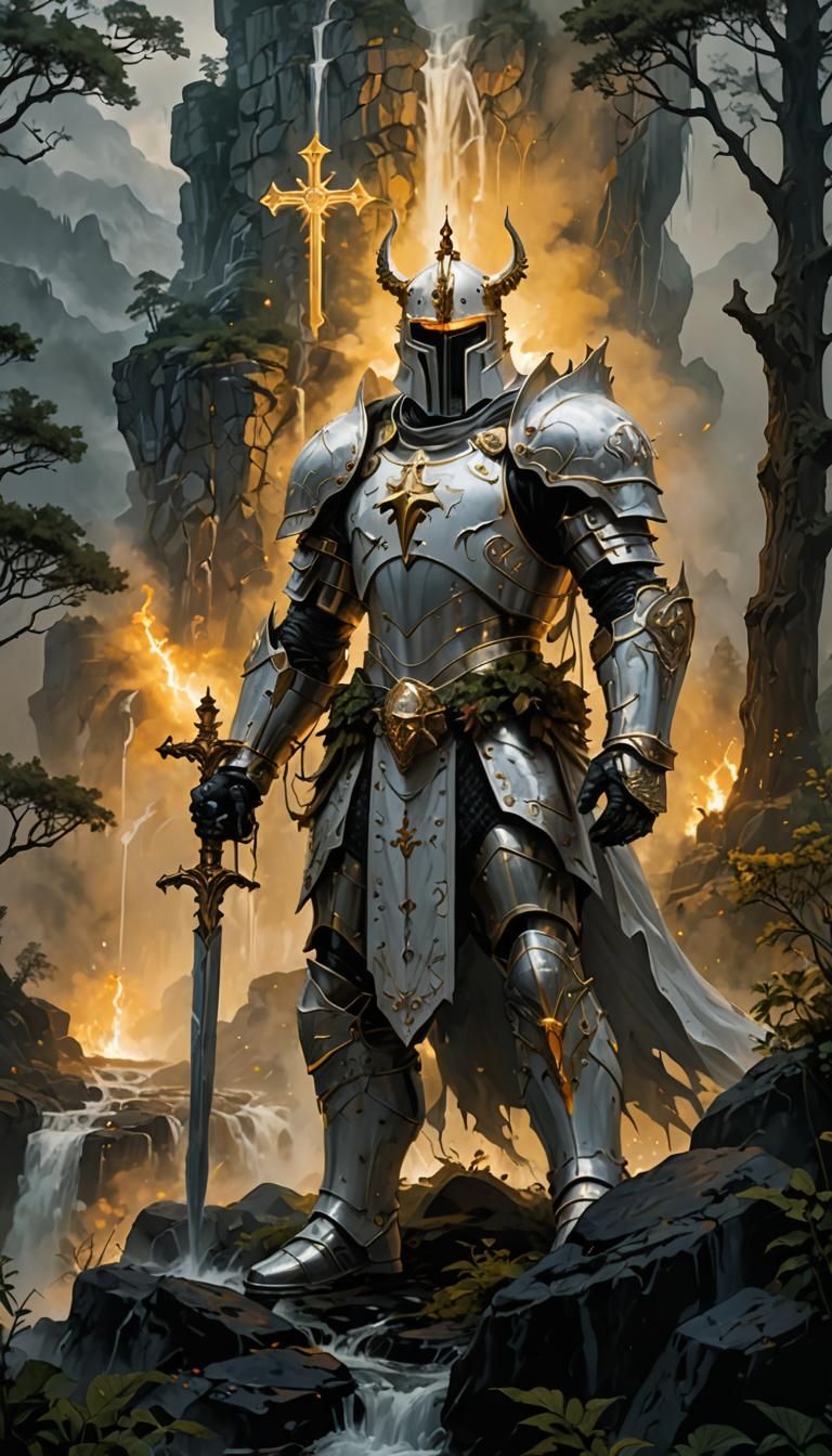 Holy Knight in Gleaming Armor Overlooks Dark Forest
