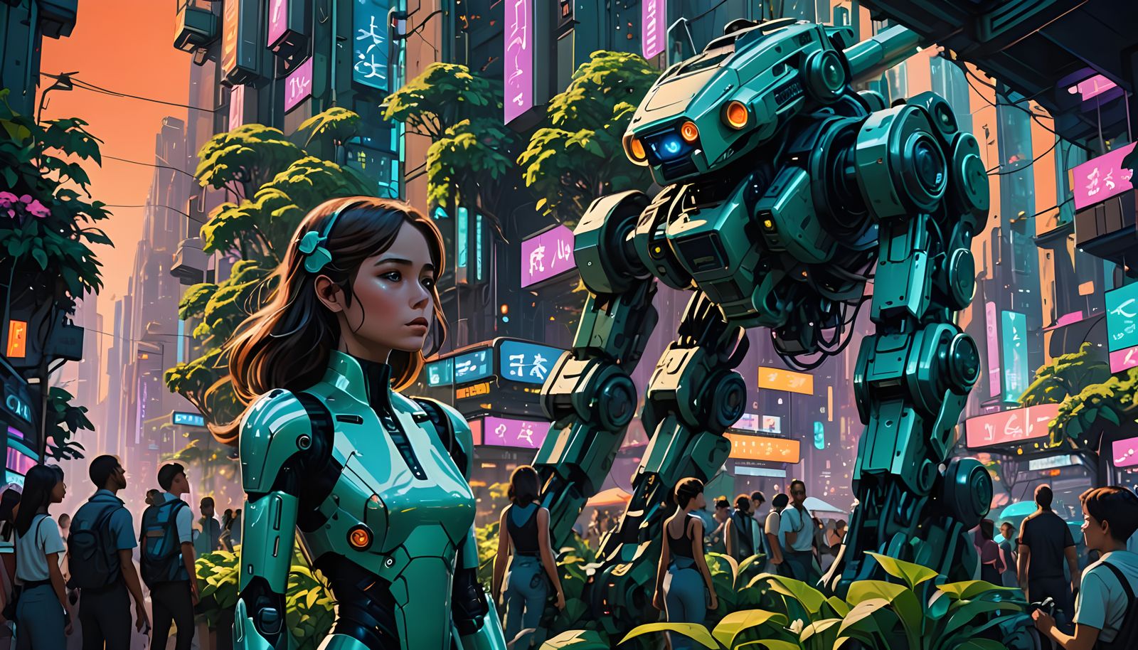 Futuristic Bio-Tech City with Humanoid Robots