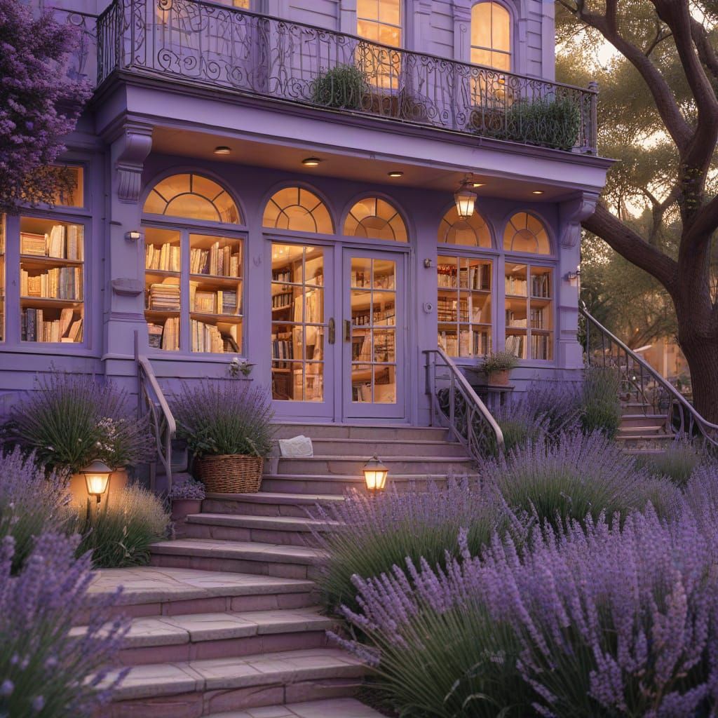 Whimsical Fantasy Bookstore Scene with Lavender Hues