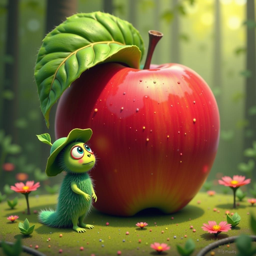 Adorable Caterpillar Finds Giant Apple in Whimsical Style