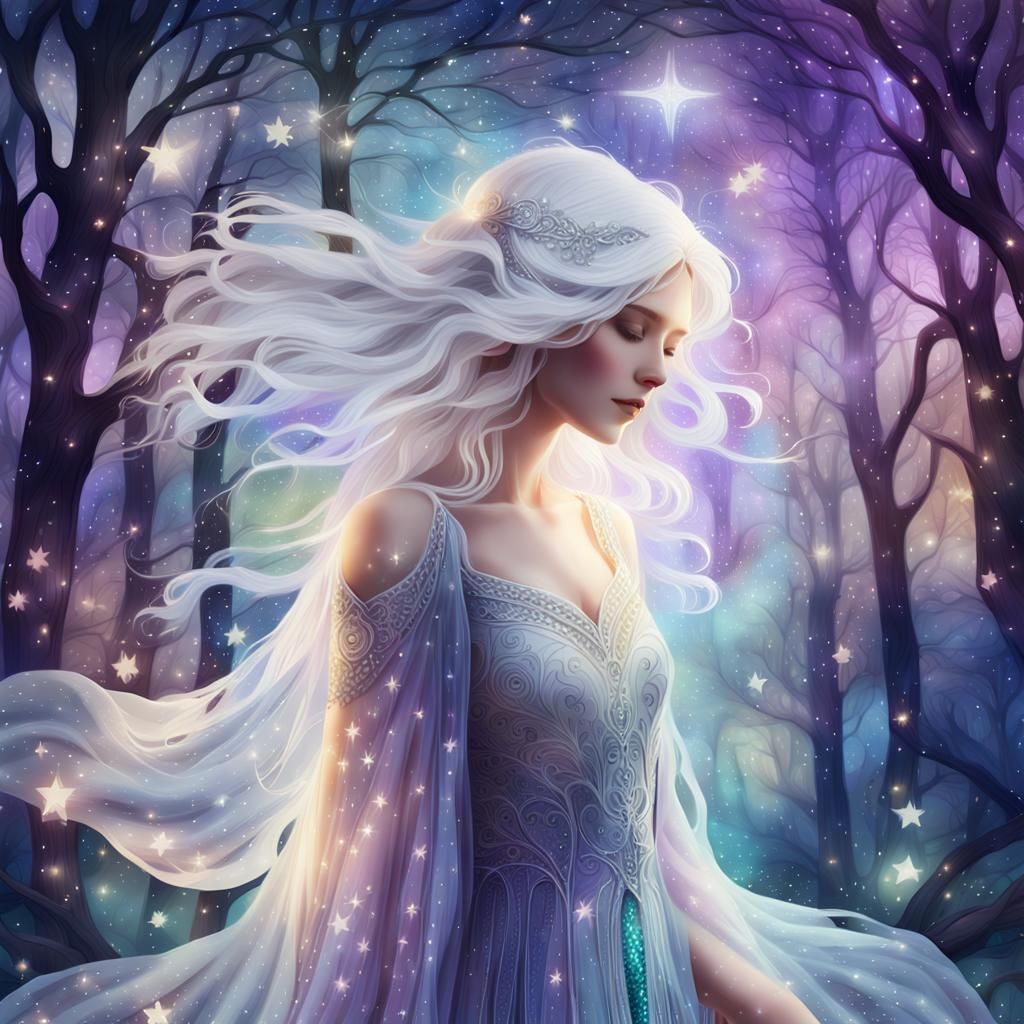 Ethereal Woman Portrait in Starlight Forest