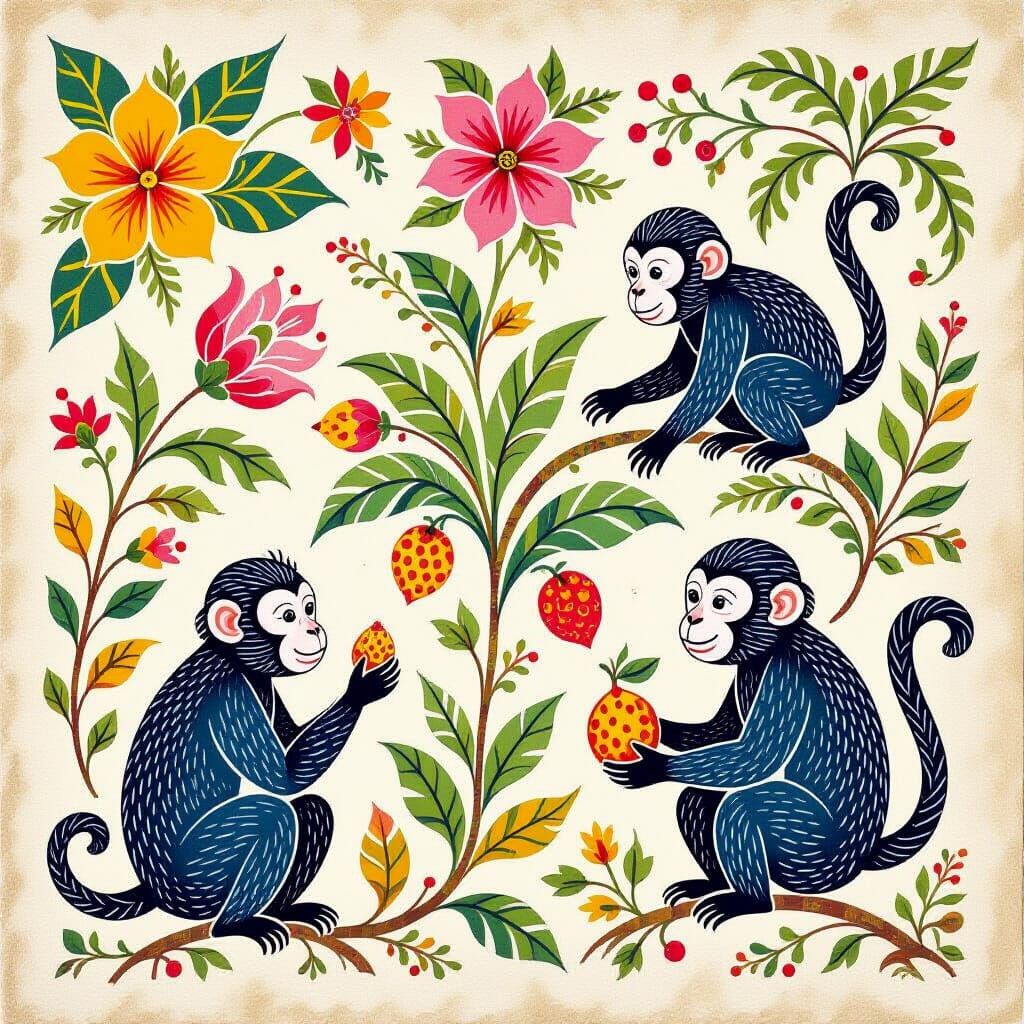 Vibrant Batik Nature Scene with Monkeys and Floral Designs