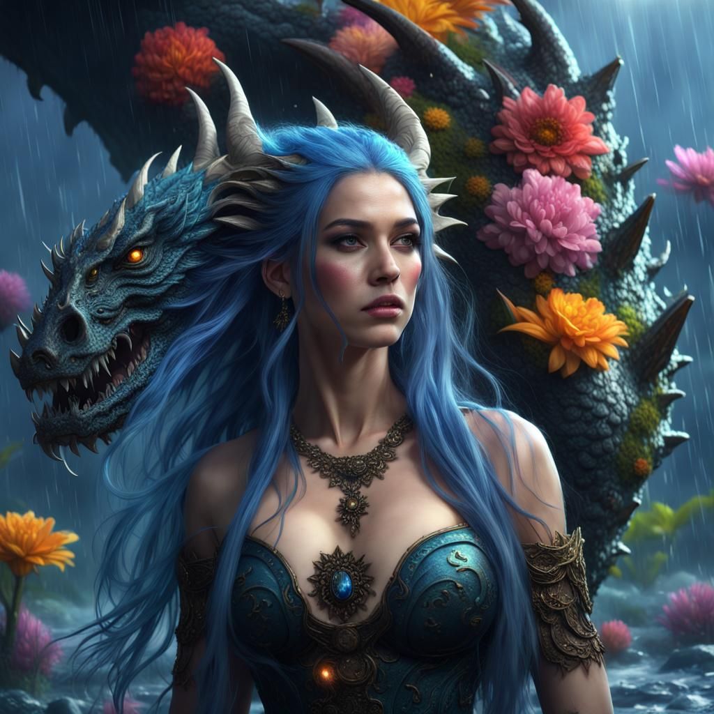 Blue-Haired Girl and Dragon in Fantastical Ocean