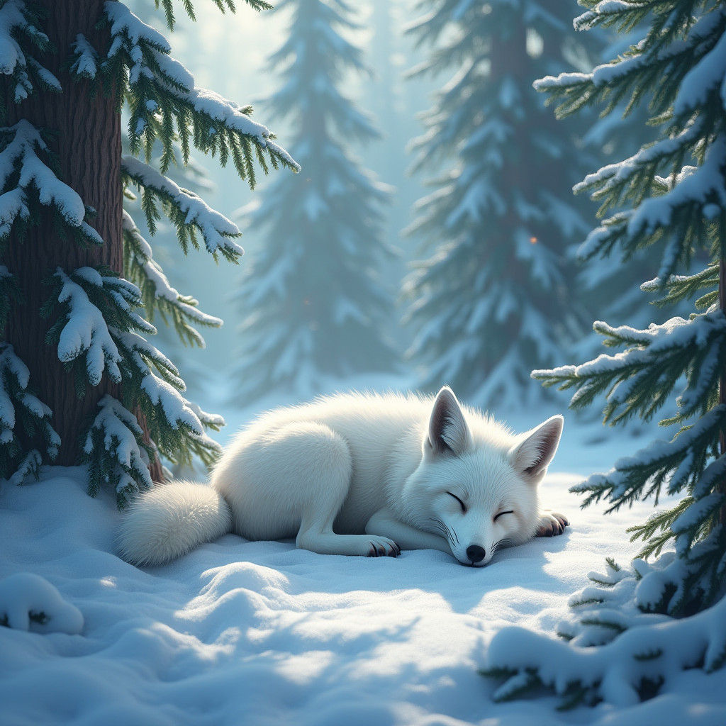 White Fox Sleeping in Mystical Winter Forest
