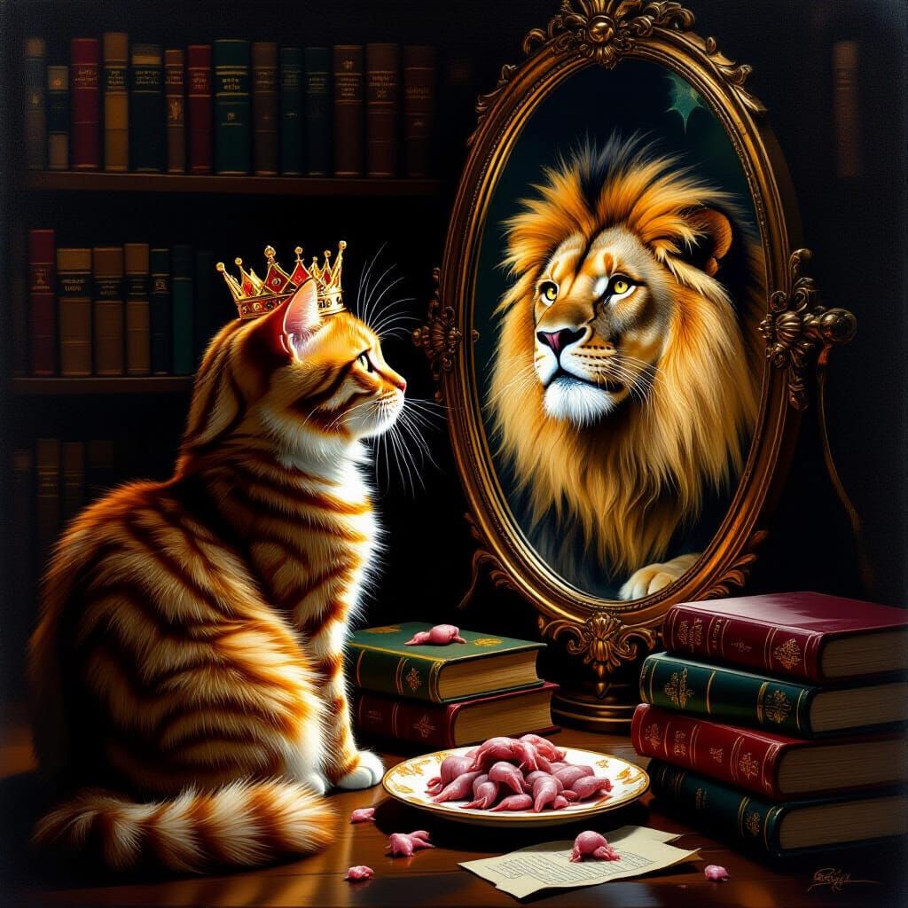 Ambitious Cat Dreams of Lionhood in Surreal Oil Painting