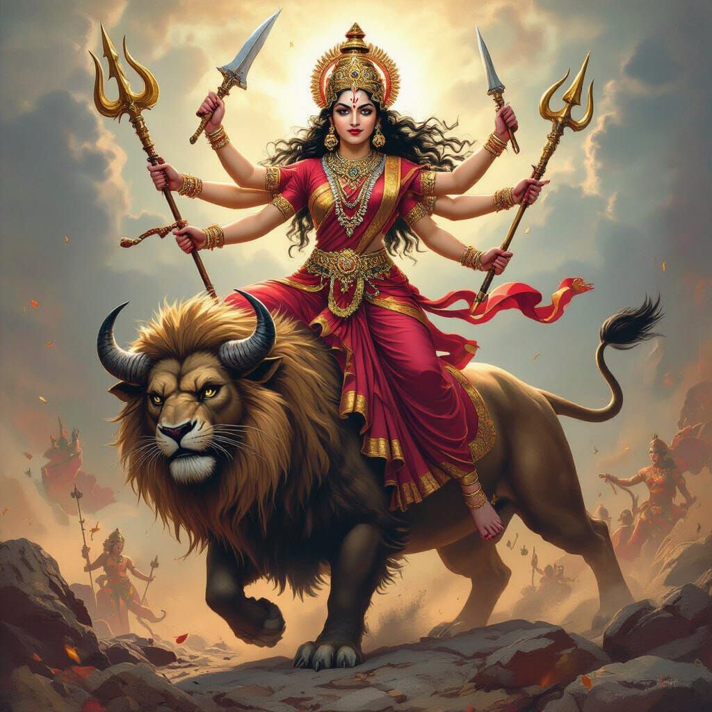 Maa Durga Battles Mahishasur on Lion Mount