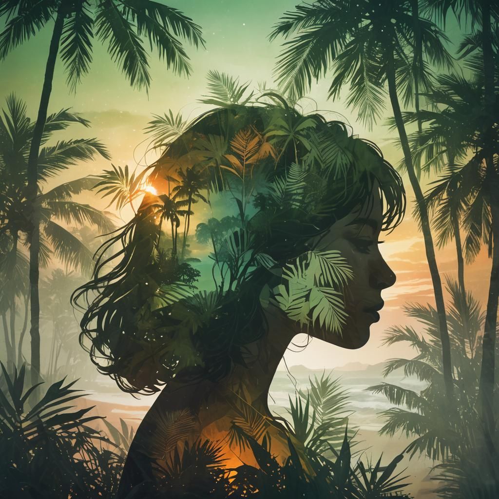 Create a double-exposure digital image that captures the sil...