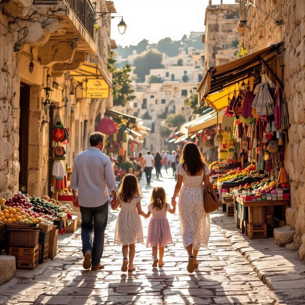 Family Stroll on Ancient Byblos Cobblestone Street