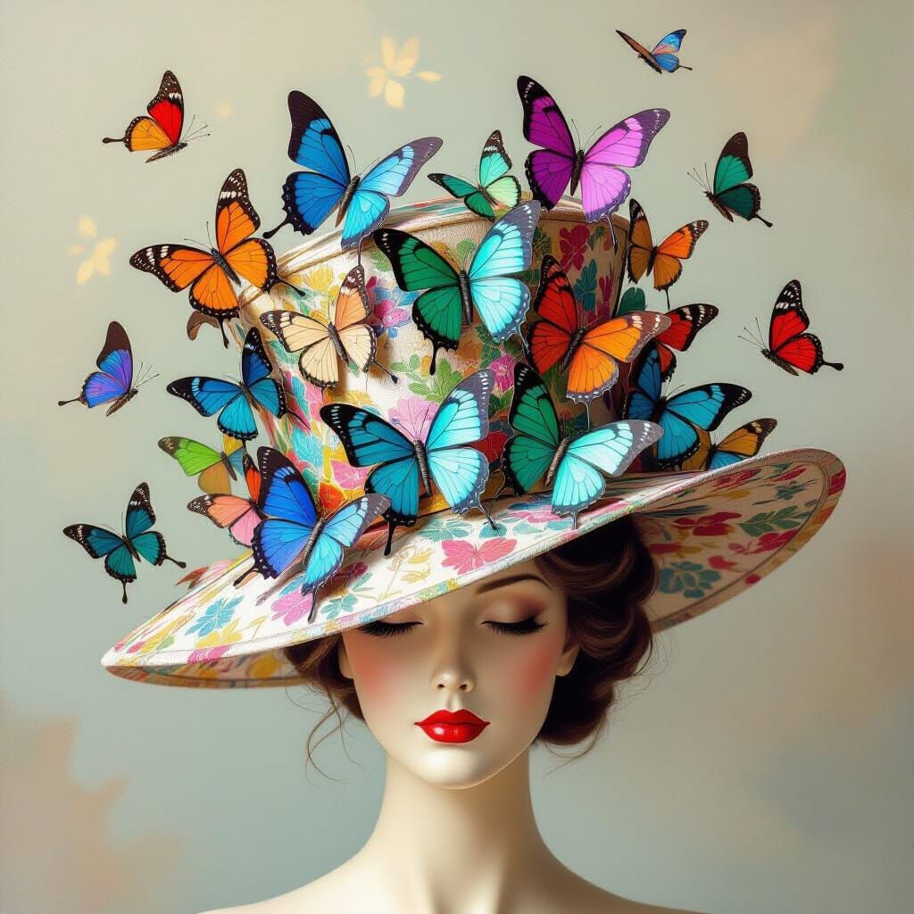 Fantastical Butterfly Hat Surrealist Oil Painting