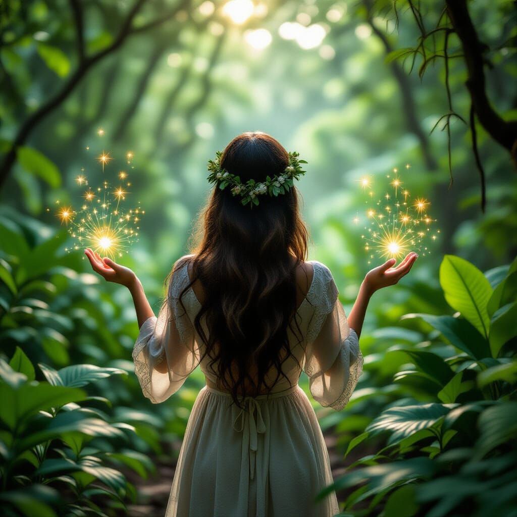 Emerald Haired Woman in Magical Forest Blooms