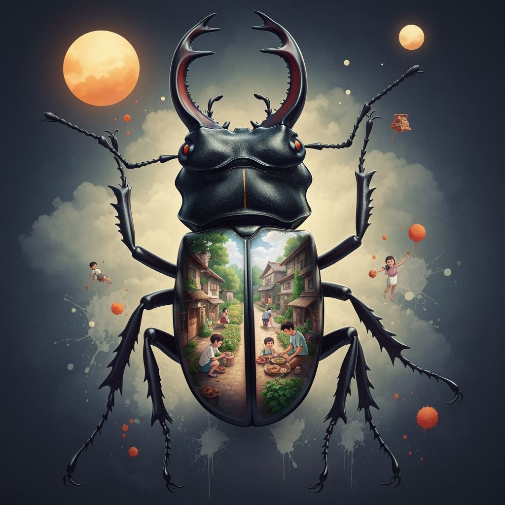 Surreal Stag Beetle Village Double Exposure, Hyperrealistic ...