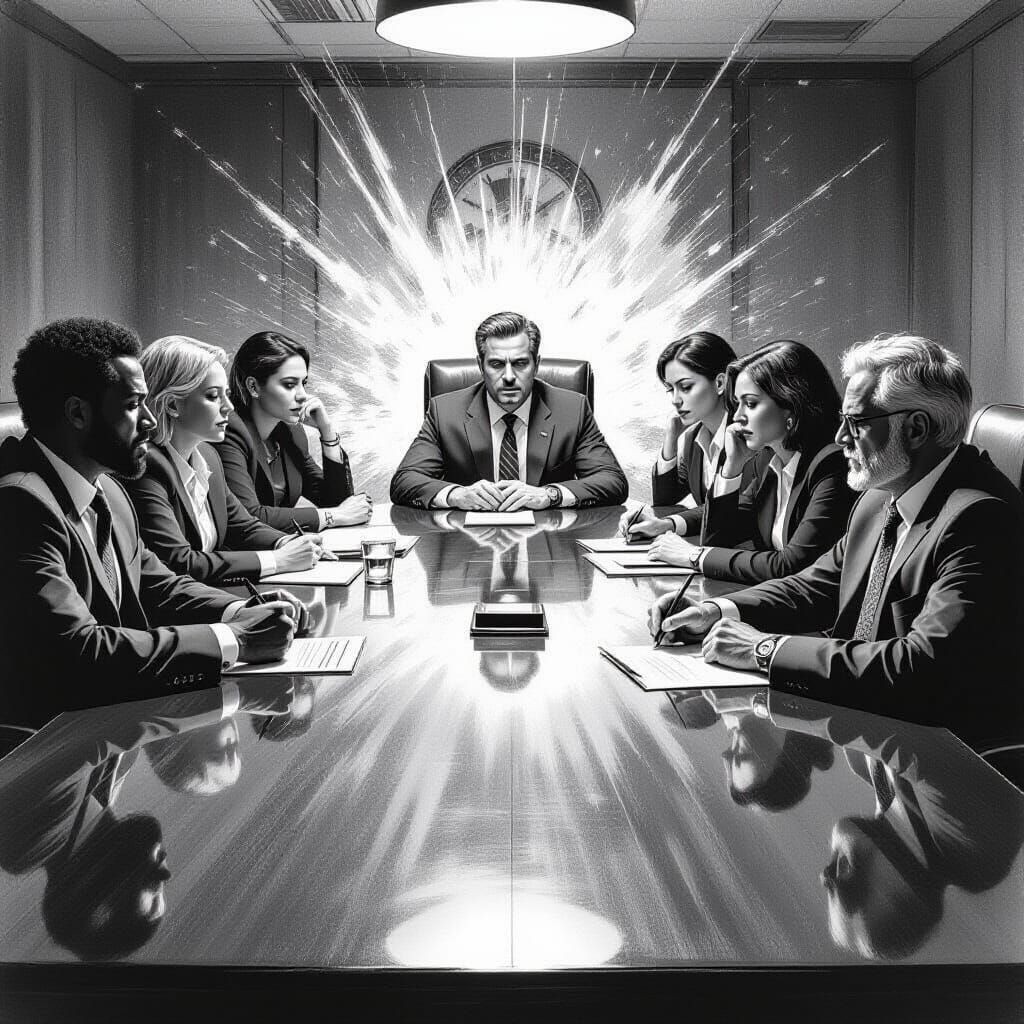 Dramatic B&W Charcoal Sketch of Chaotic Meeting