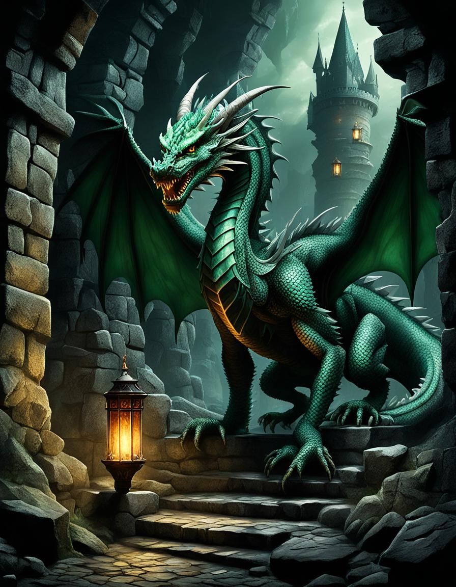 Metallic Green Dragon in Medieval Lair