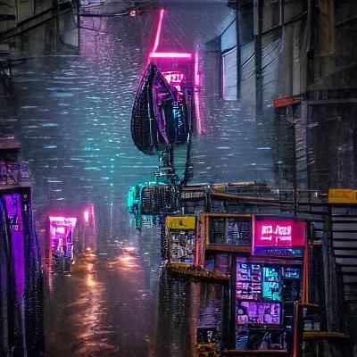 Cyberpunk Cityscape with Neon Lights and Rain