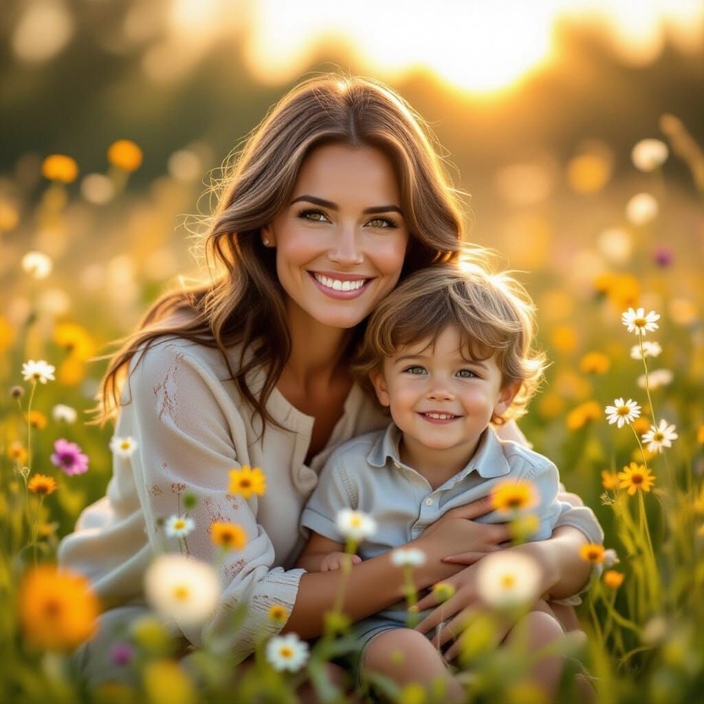 Mother and Son Joy in Sunlit Flower Field