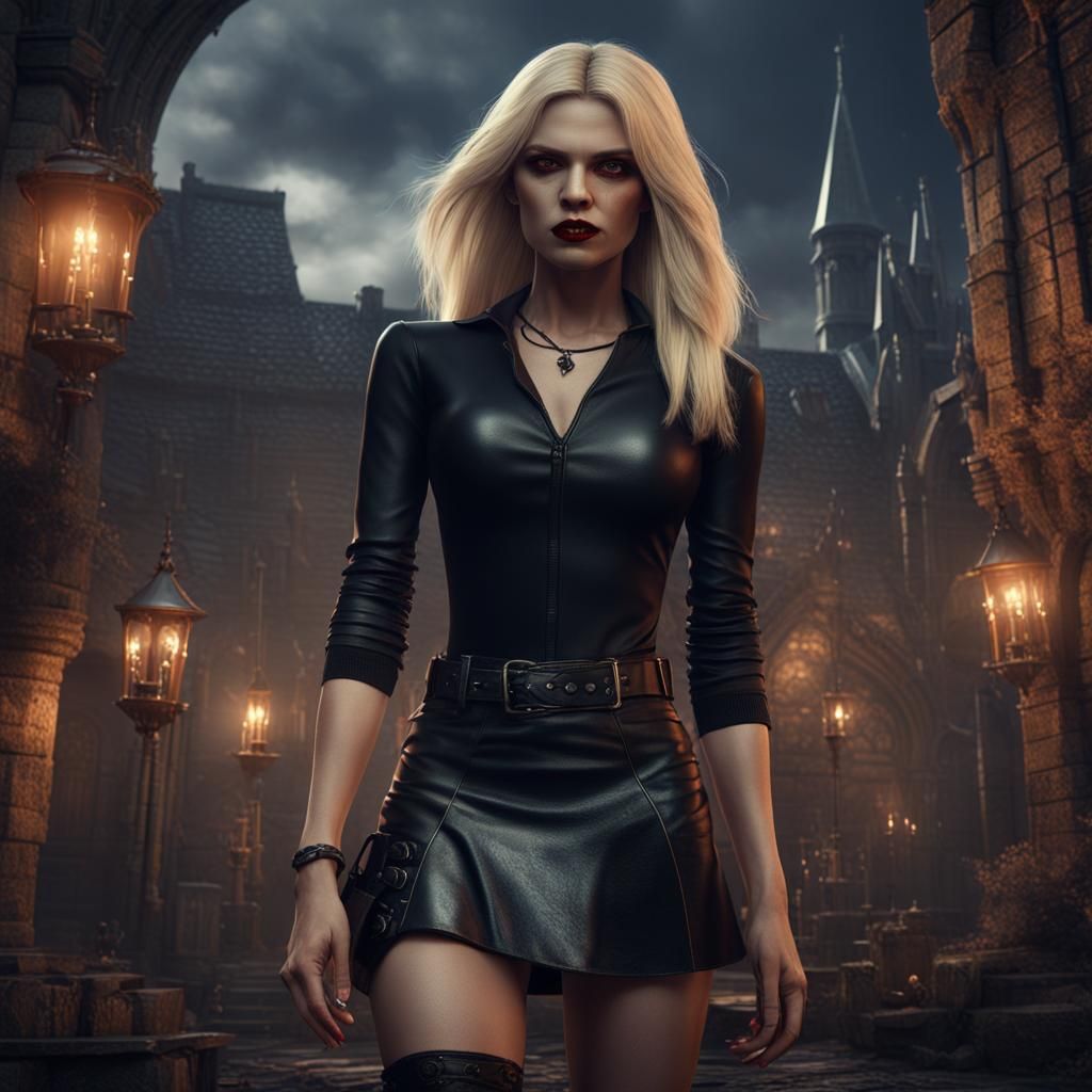 Blonde Vampire in Black Leather: Detailed Matte Painting