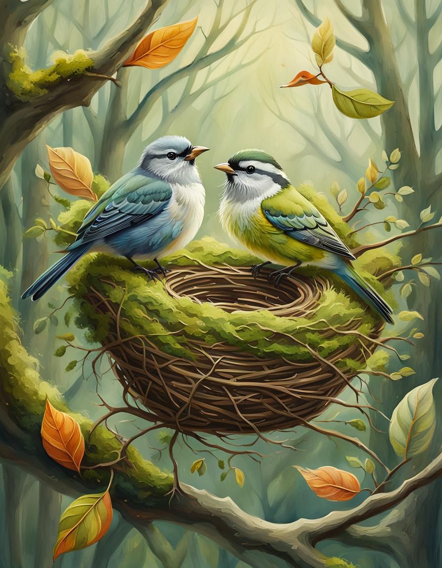 Whimsical Folk Art Illustration of Birds Nesting in an Old M...