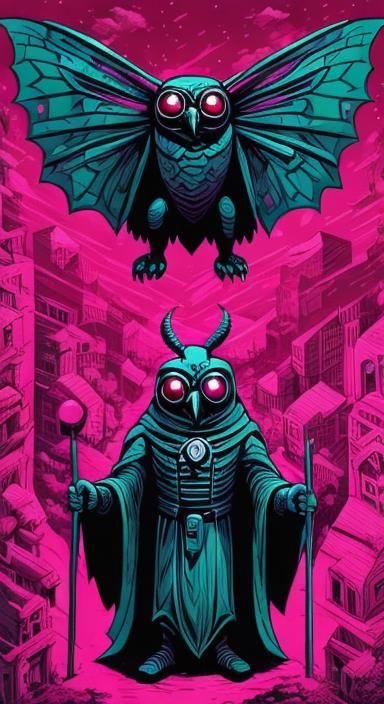 Isometric Mothman Comic Illustration in Cyan and Magenta