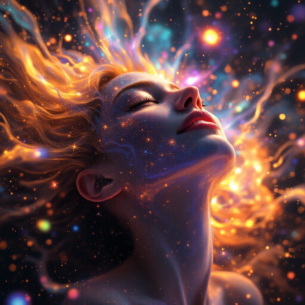 Radiant Woman Transcends into Cosmic Bliss