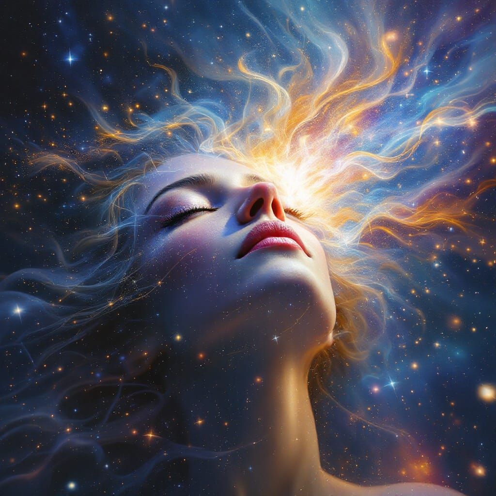 Ethereal Woman Transcends into Cosmic Bliss