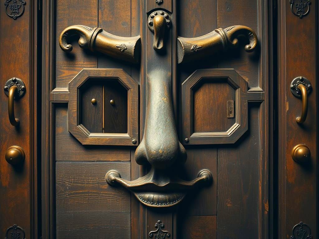 Surreal Face Portrait with Door Eyes and Mouth