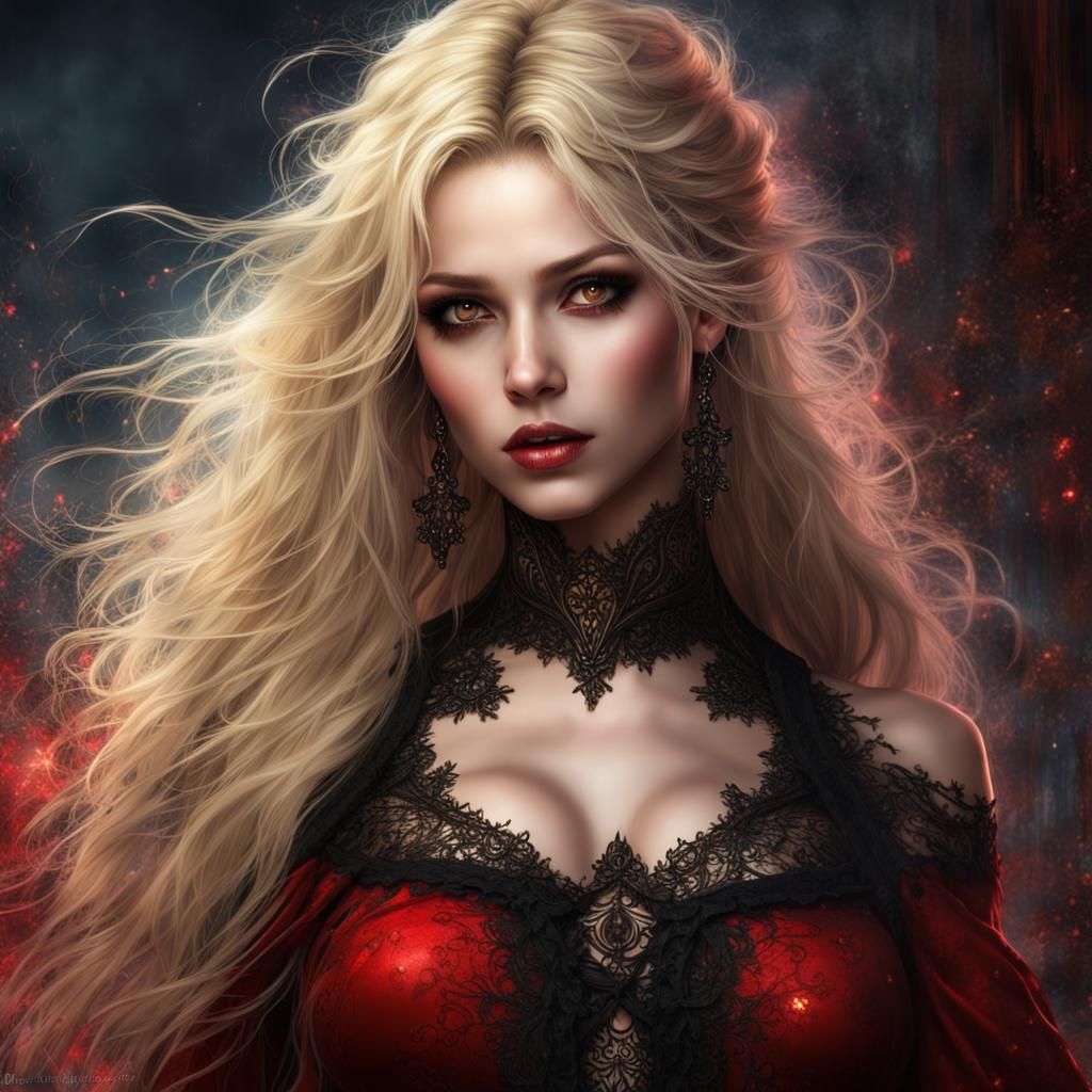 Gothic Blonde in Black and Red Lace, Fantasy Art