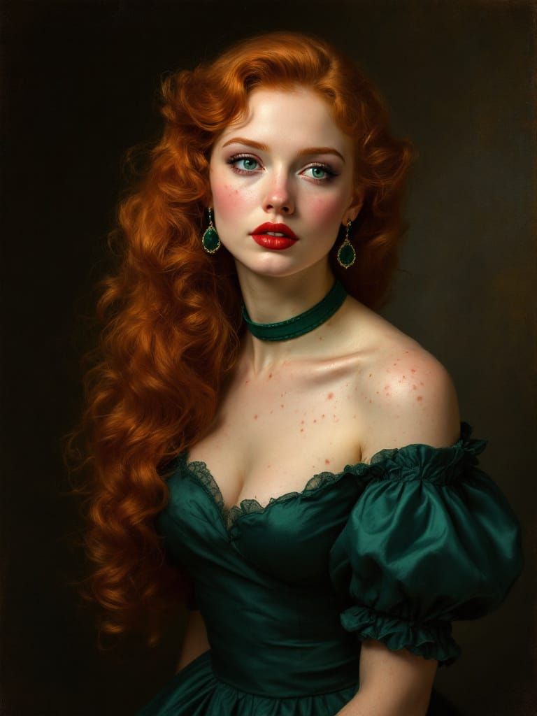 Pin-Up Woman in Emerald Dress with Copper Curls