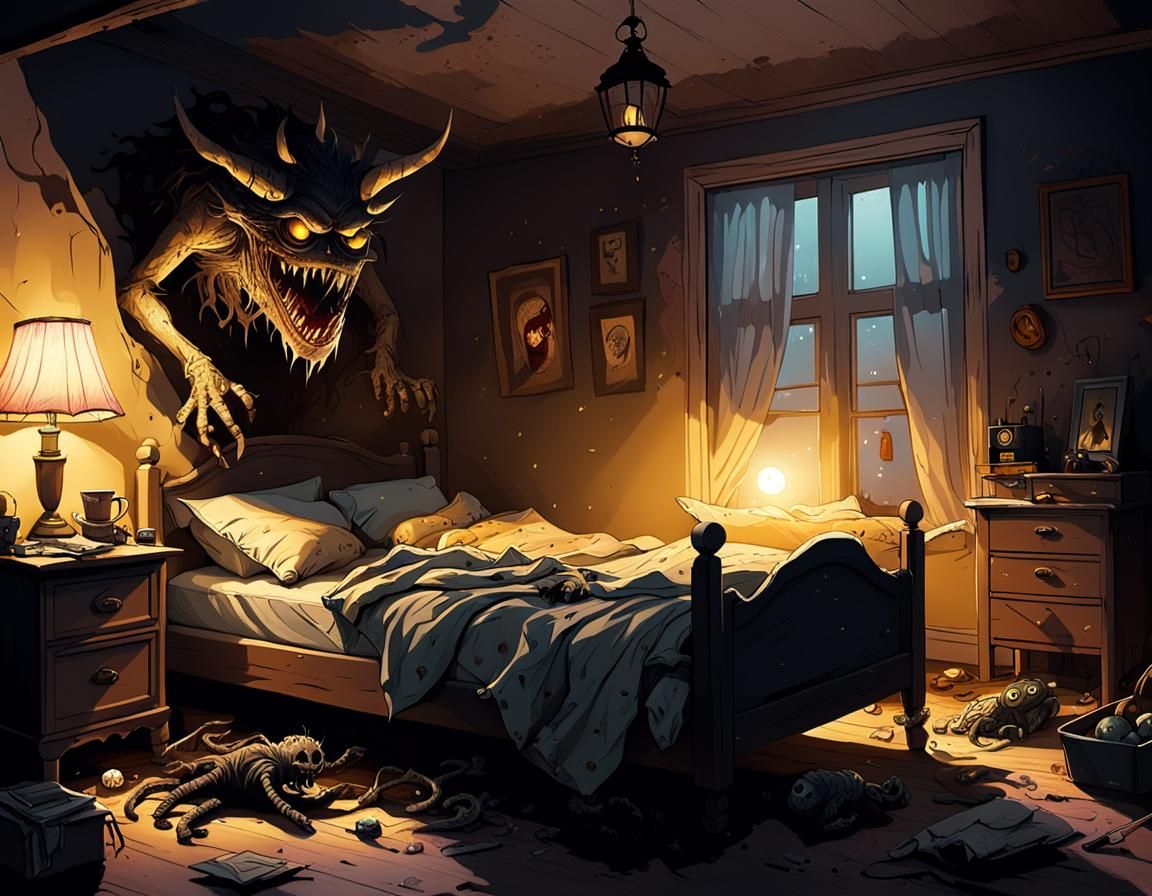 Scary Monster Hiding Under Bed: Dark Fantasy Illustration