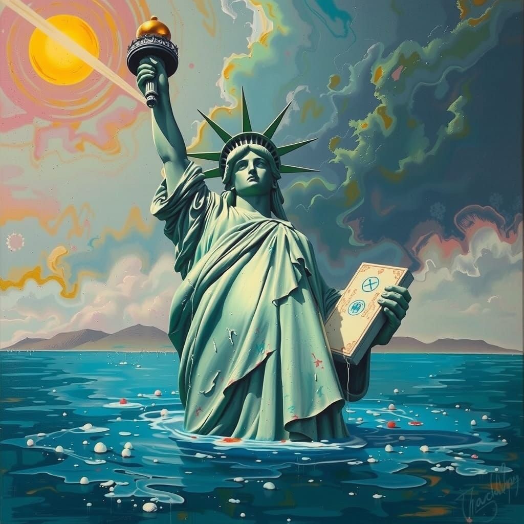 Melting Statue of Liberty in Surrealist Style
