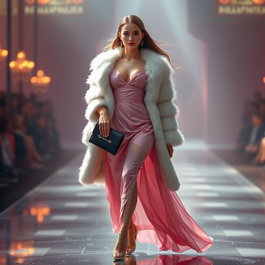 Model in Pink Dress on Catwalk, Digital Art