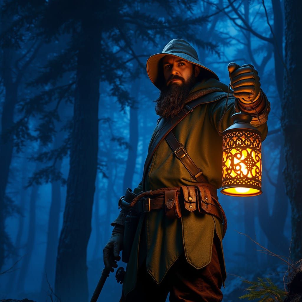 Heroic Huntsman Illuminates Mystical Forest in Golden Light