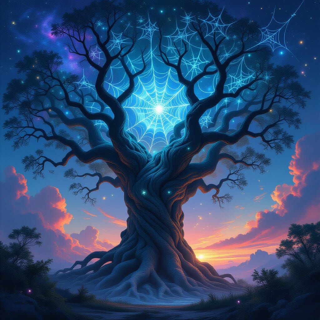 Ancient Spiderweb Tree in Cosmic Twilight Sky