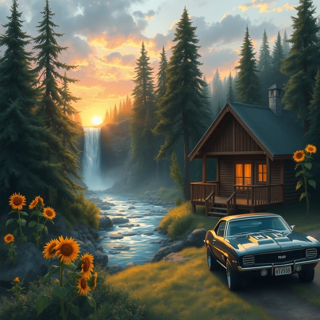 Serene Cabin Amidst Pinetrees, Sunflowers, and Waterfall at ...