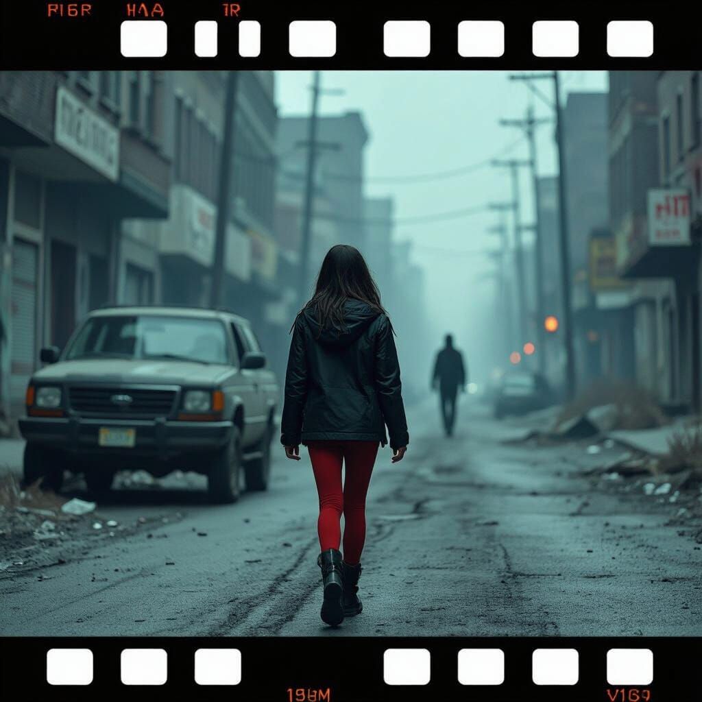 Lone Girl in Red Leggings on Abandoned City Street