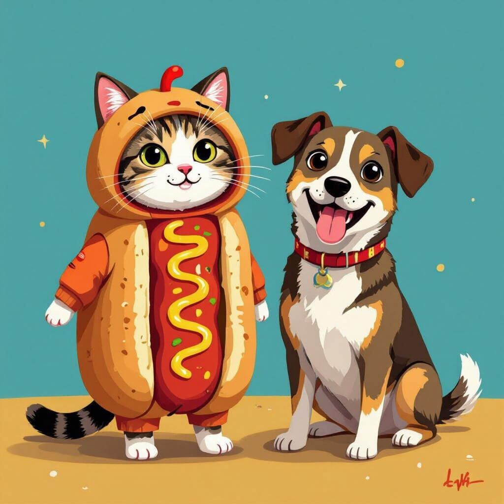 Cat in Hot Dog Costume with Dog