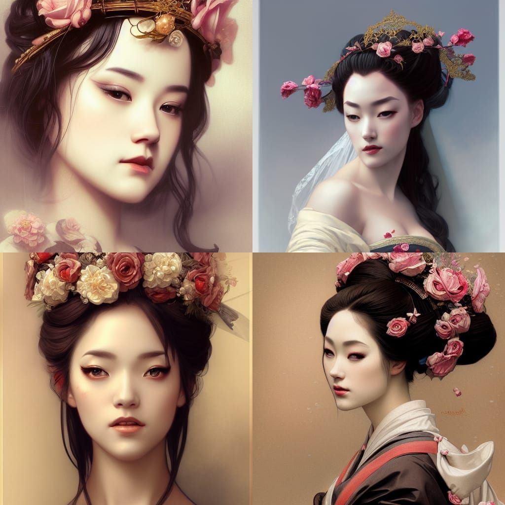 Renaissance Geisha with Rose Crown and Veil